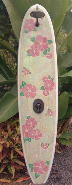 Outdoor surfboard shower with Hawaiian floral design. Stained glass mosaic design on an 8' longboard, TropicalArtist, Etsy
